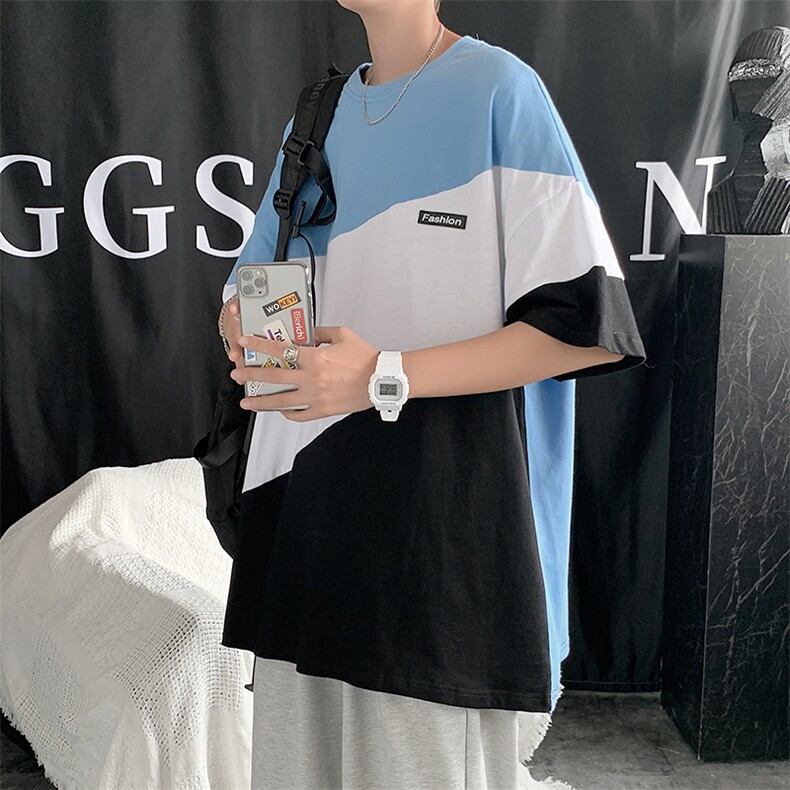 时尚拼色短袖t恤hiphop上衣oversize半袖港风宽松青年潮T447-P22,男装T恤,星座512-2