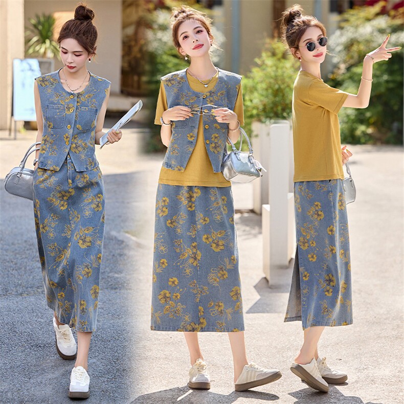 新中式盘扣牛仔套装裙女2025年夏季新款复古印花半身裙两件套，女装套装/套裙，关键词