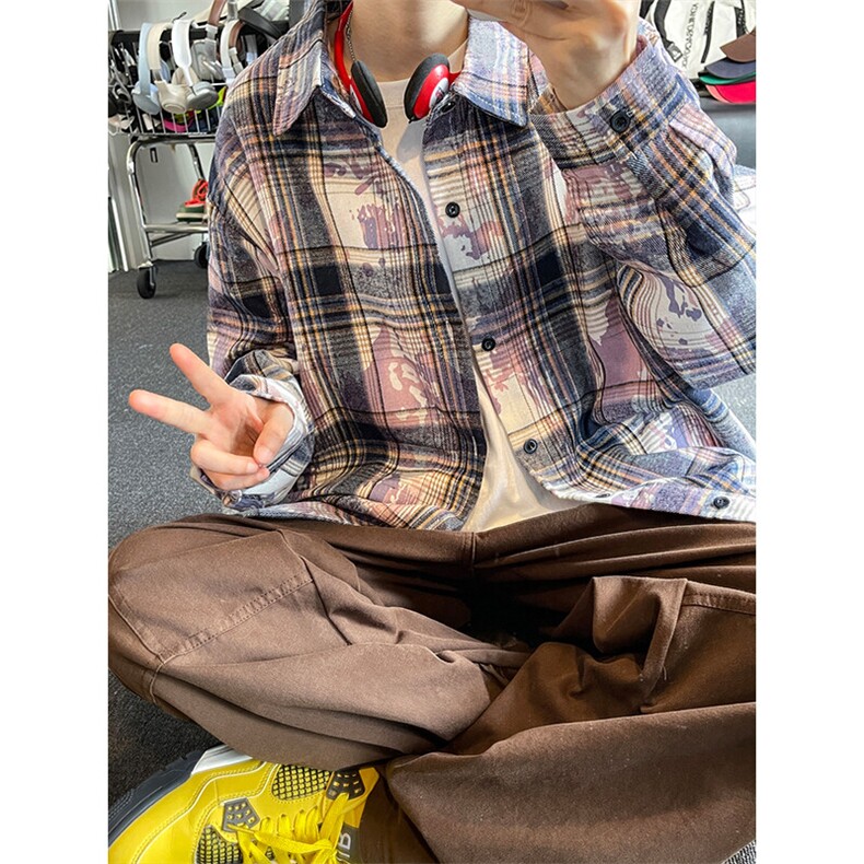 扎染脏脏格子长袖衬衫男春秋美式学院风宽松潮牌休闲冬季加绒衬衣,男装衬衫,电商A007