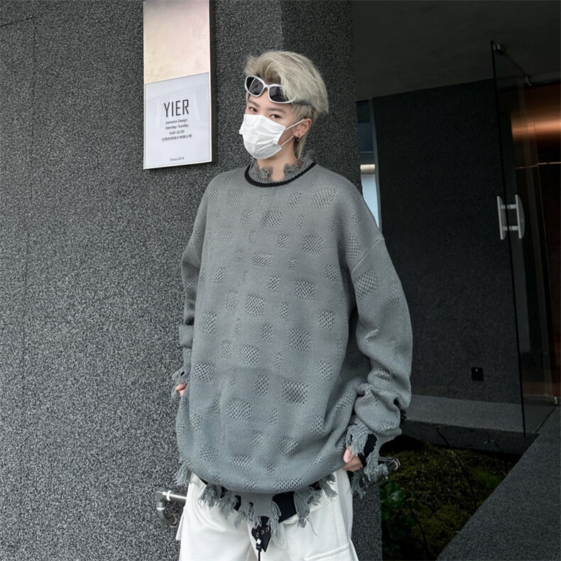 美式破洞毛衣秋冬季潮流宽松保暖打底线衣图片
