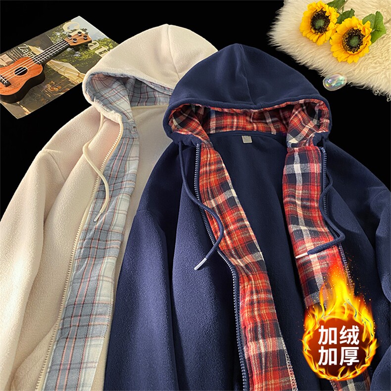 毛毯风摇粒绒格子开衫连帽卫衣宽松加绒冬潮牌外套A436-113-P60,男装卫衣,电商A436