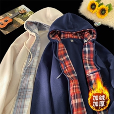 毛毯风摇粒绒格子开衫连帽卫衣宽松加绒冬潮牌外套A436-113-P60，男装卫衣，电商A436