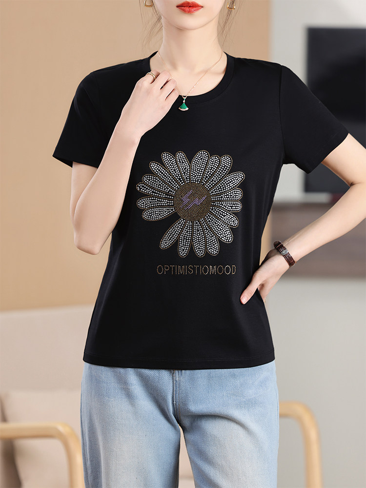 烫钻太阳花艺术时尚舒适显瘦棉T高端丝光棉短袖夏季凉感百搭上衣,女装T恤,元素羊绒