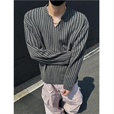 美式高街千鸟格子长袖T恤男女亨利V领英伦雅痞休闲宽松长袖打底衫，男装T恤，电商A486