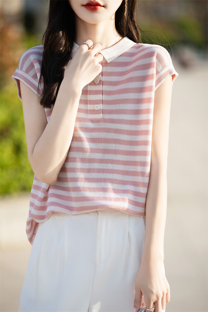 POLO领针织条纹短袖T恤女夏季薄款时尚减龄百搭显瘦撞色翻领上衣,针织衫/毛衣,片语羊绒