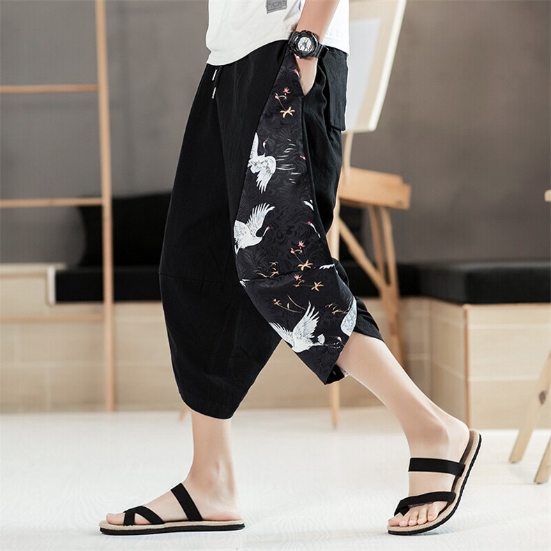 2025新中式汉服阔腿沙滩裤灯笼裤民族风七分裤A057-K55-P40,男装牛仔裤,电商A057B