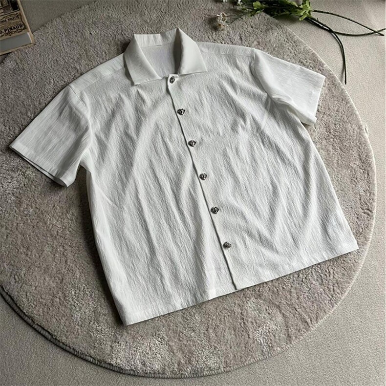 得物抖音品质二开老钱风亚麻冰丝纹短袖衬衫男女休闲美式潮牌衬衣,男装T恤,电商A486