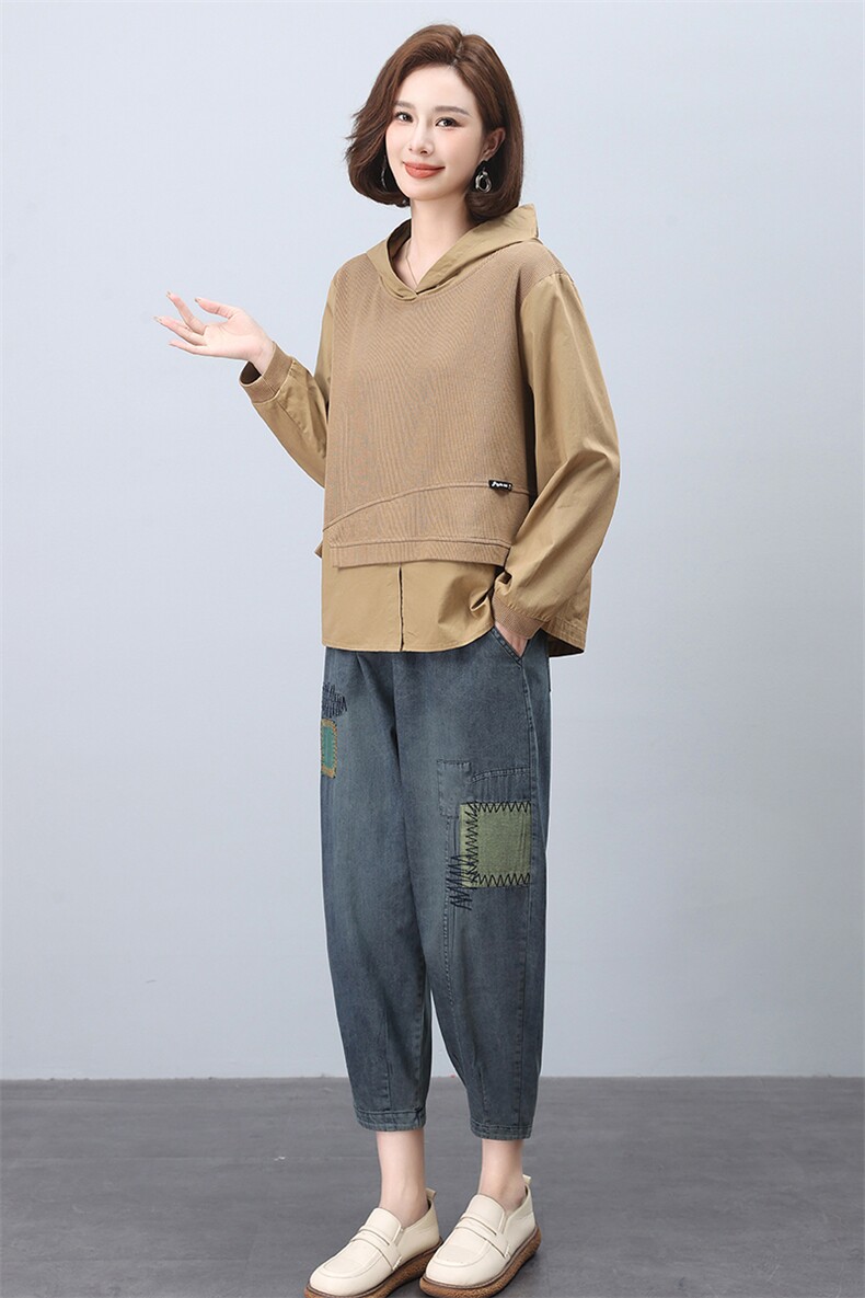 时尚休闲女装套装宽松显瘦长袖上衣+牛仔裤两件套舒适百搭日常穿搭,女装套装/套裙,叶笙衣