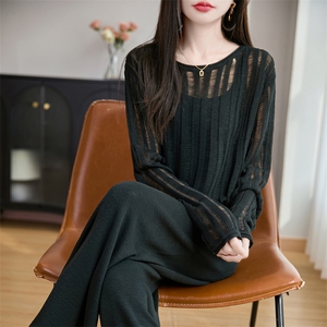 圆领微透竹节麻针织长袖上衣罩衫阔腿裤两件套女宽松时尚亚麻套装图片