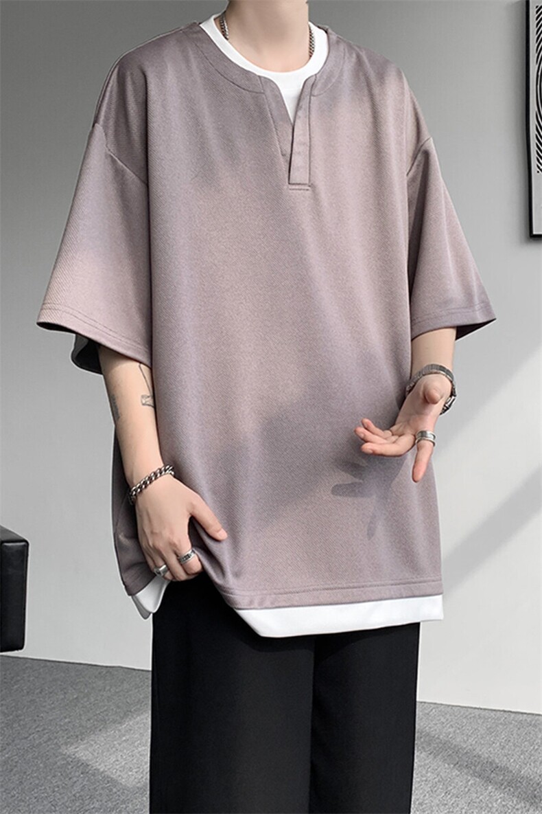 8XL-M重磅斜纹假两件短袖t恤男夏季薄款宽松大码半袖体恤DT006P45,男装T恤,电商B312