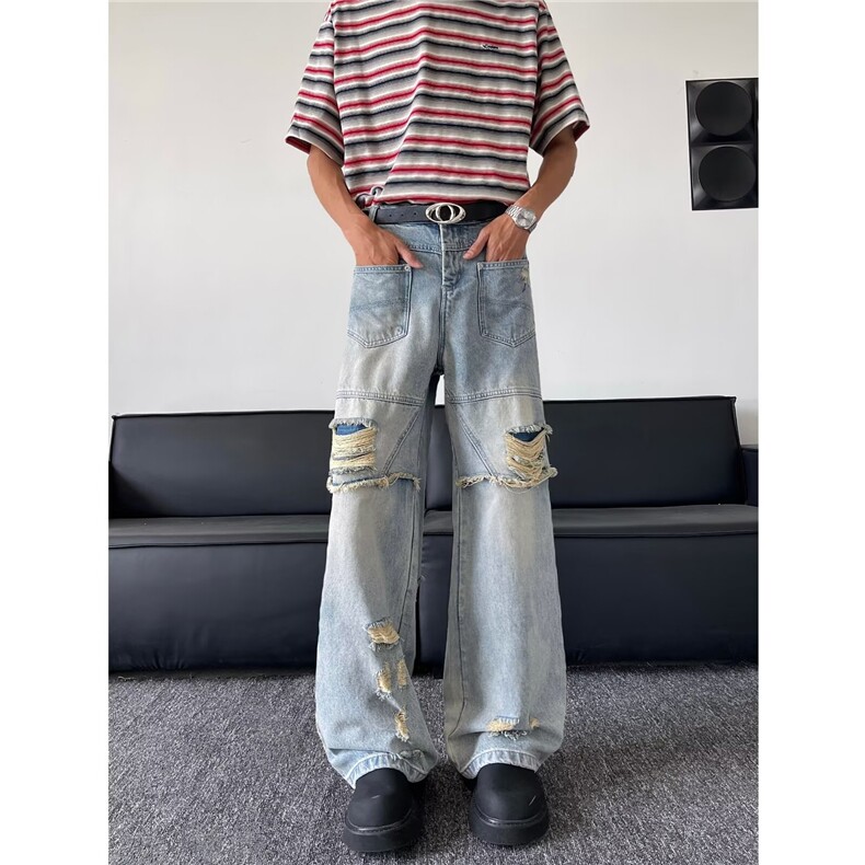 美式街头破洞牛仔裤男直筒宽松欧美高街vibe风长裤子N07834-P60,男装牛仔裤,星座308B-2