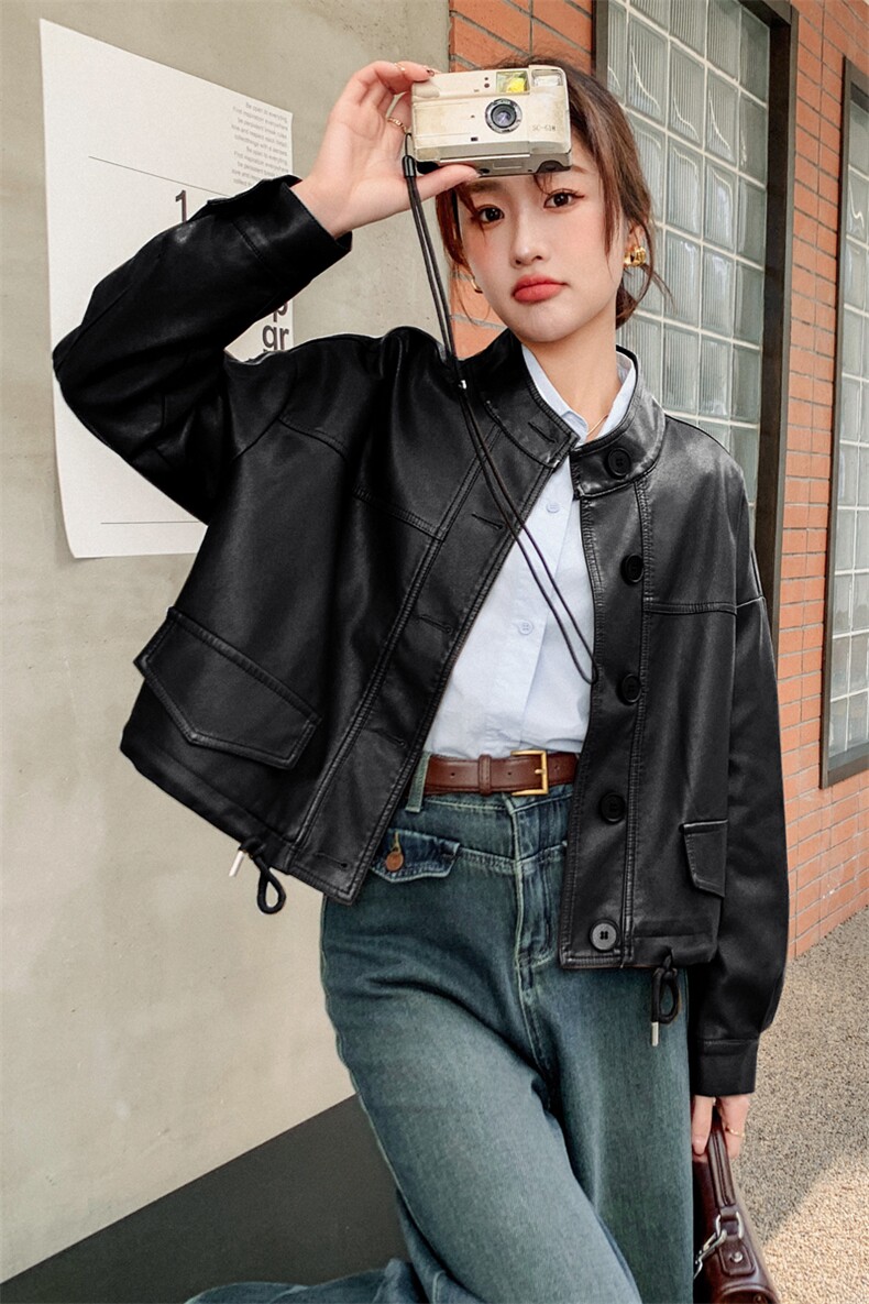 大量现货2024春季女装机车时尚立领短款皮衣浙宝013,女装皮衣,莘蕾