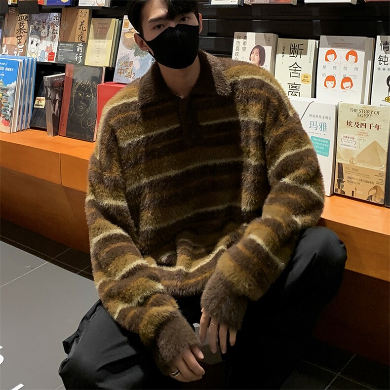 秋款男POLO领毛衣条纹拼色针织衫仿水貂外套M50P65,男装针织衫/毛衣,星座1013-1