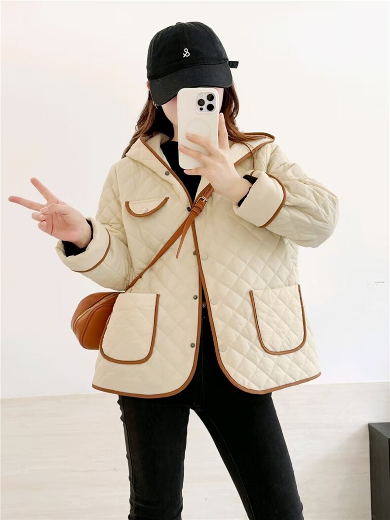 2025冬装新款修身保暖时尚菱形格个性拼接女士棉服外套,女装棉衣/棉服,江忆布依