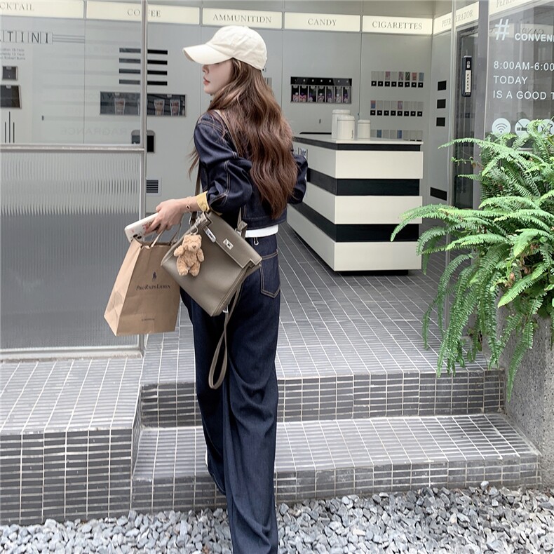 (新款现货）2026春装时尚针织牛仔拼接阔腿裤套装（两件套）,女装套装/套裙,印象茜