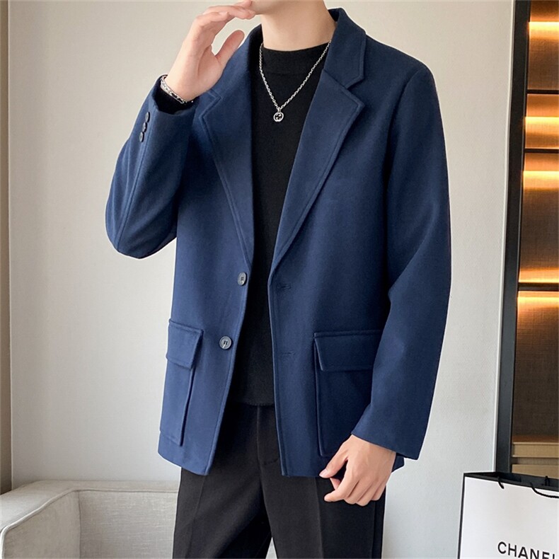 ins休闲毛呢大衣西服男韩版潮流痞帅气上衣港风潮牌单西外套图片
