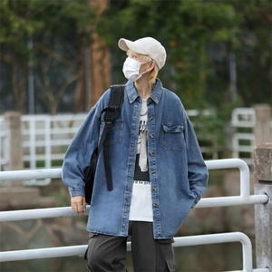 牛仔长袖衬衫男女薄款港风ins潮牌衬衣服宽松潮流休闲工装外套图片