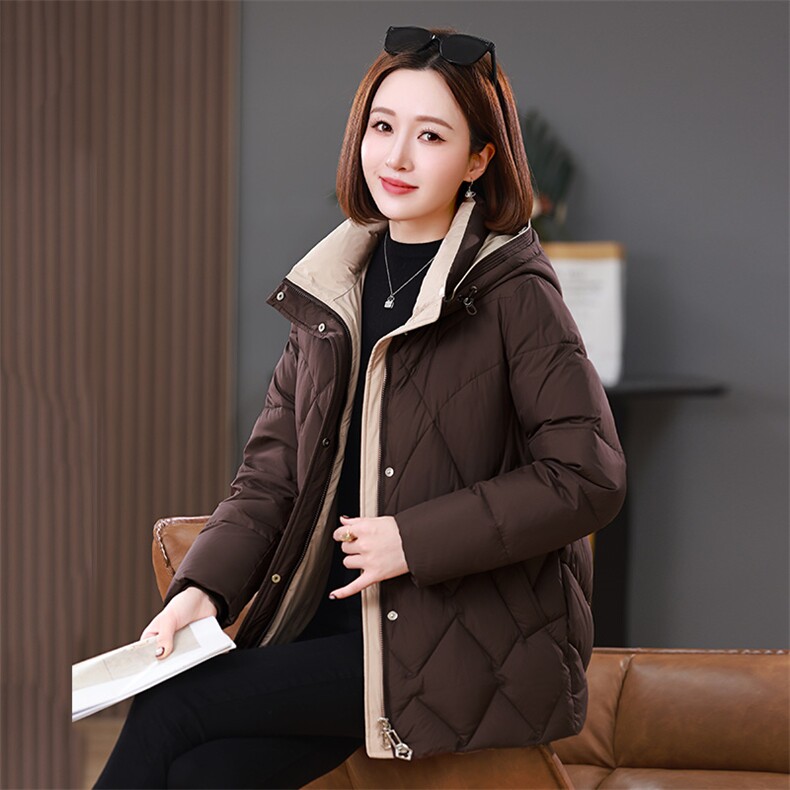2025年冬装新款撞色连帽中长款棉衣外套女,女装棉衣/棉服,雪樱依海