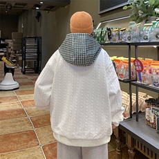 假两件外套男秋冬季潮流格子拼接夹克华夫格休闲衣服JK07356-P58，男装夹克，星座308B-1