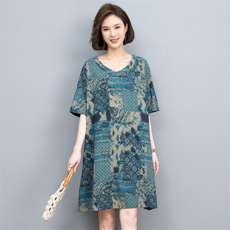 2022夏季新款舒适透气印花连衣裙宽松显瘦V领短袖裙装,女装连衣裙,悦见她