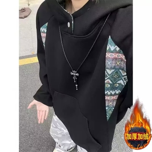 潮重磅撞色卫衣男款秋冬2025新款高街宽松连帽加绒外套图片