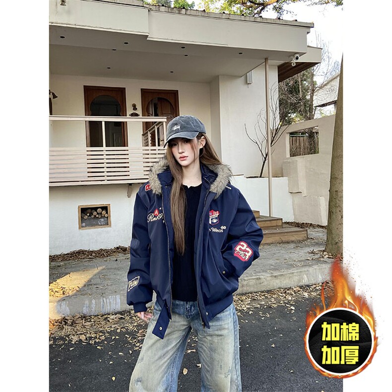现货高品质美式高街重磅刺绣座山雕大毛毛领棉衣男女加厚棉服外套,男装棉衣,电商A486