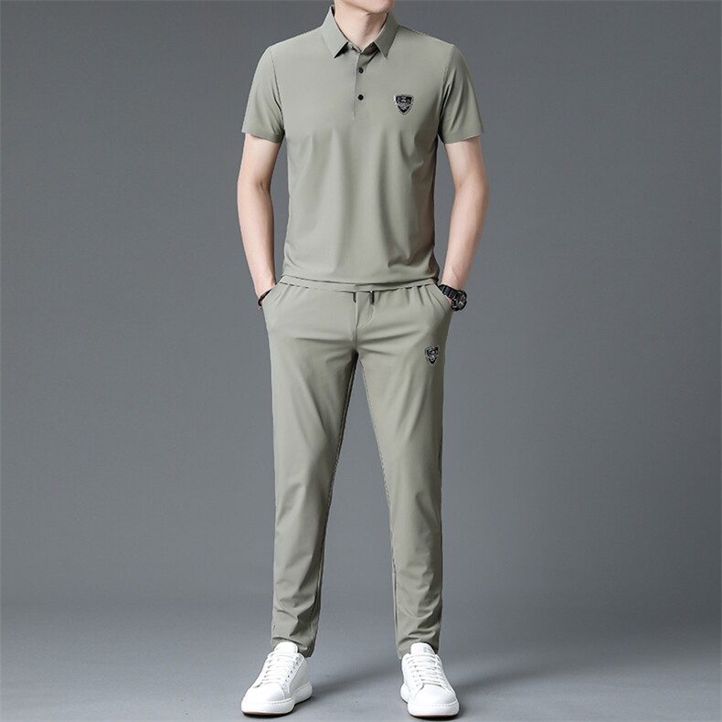 短袖套装男23夏季新款时尚休闲工艺翻领锦氨冰丝质感两件套,男装休闲套装,电商B212（原钱塘6029）