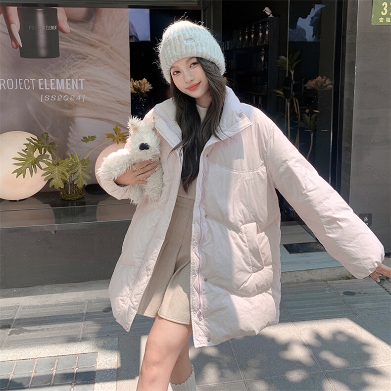 超好看粉色羊羔围脖羽绒服女中长款2024冬季新款小个子白鸭绒外套,女装棉衣/棉服,2C122