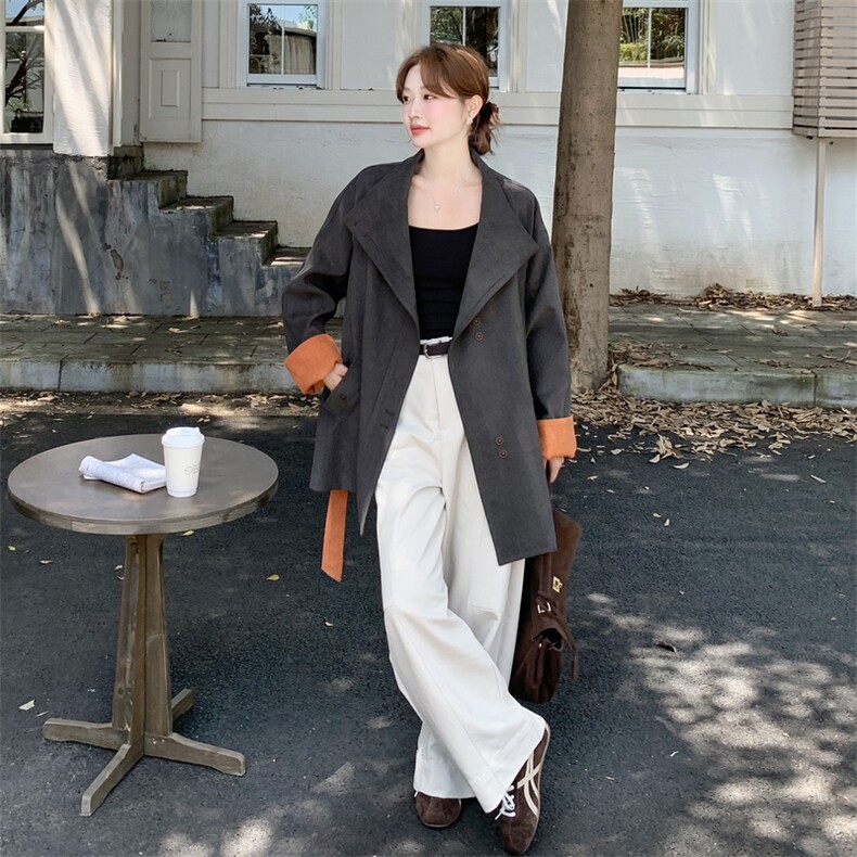 韩系撞色拼接收腰显瘦深灰色风衣外套女春秋2025新款巨好看高级感,女装短外套,2C305