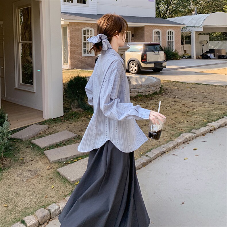 轻熟风蓝色衬衫套装裙女2025春秋季新款韩版休闲显瘦半身裙两件套,女装套装/套裙,2C051