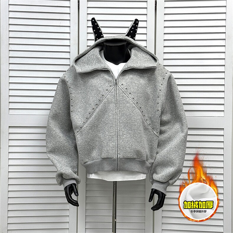 480G重磅加绒硬挺boxy男女美式高街卫衣铆钉杜宾犬耳朵开衫厚外套,女装短外套,电商A486