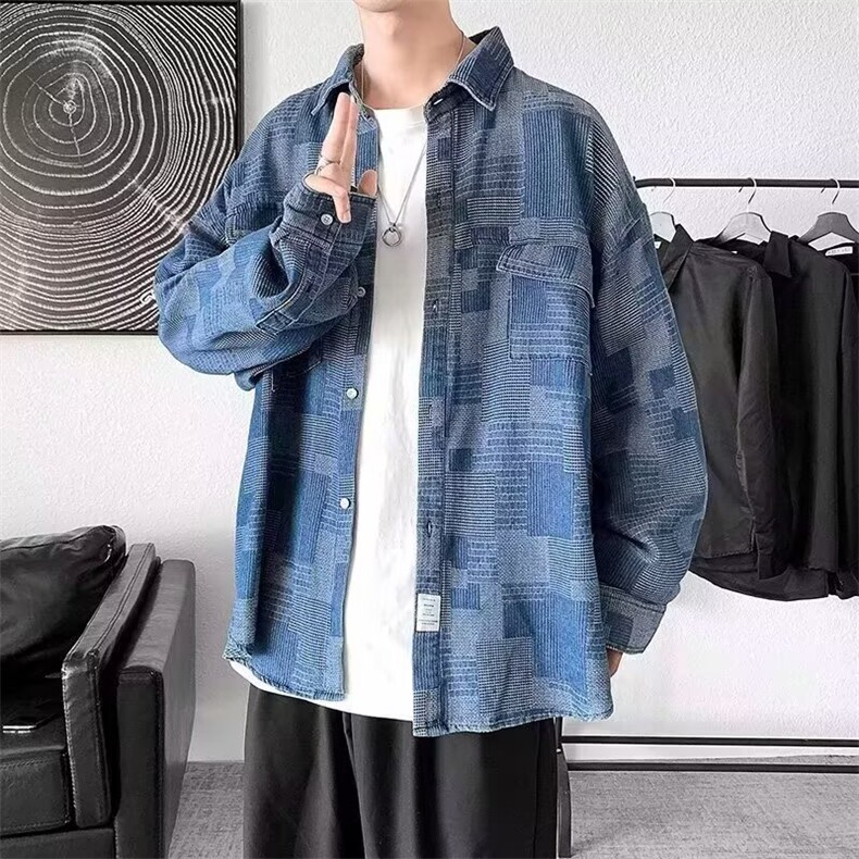色织混纺厚料美式复古工装长袖衬衣春秋款外穿打底痞帅牛仔外套,男装工装外套,星座715-4