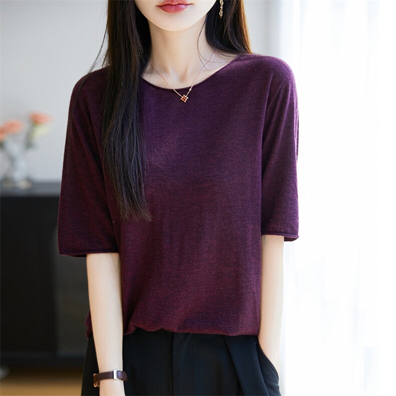 宽松薄款针织套头纯色半袖上衣女2025夏新款圆领卷边无缝中袖T恤,女装羊毛衫,臻维羊绒