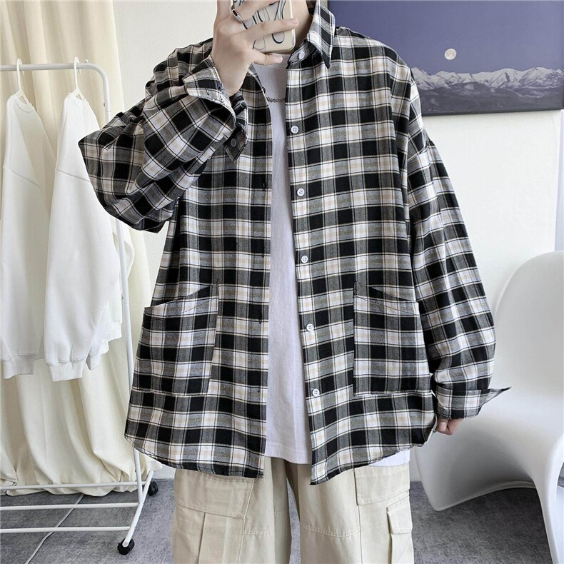 春夏长袖衬衫男女潮流宽松格子衬衣潮牌港风休闲上衣H211/P45,男装衬衫,电商A221A