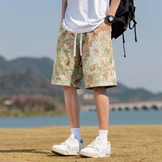 牛油果绿针织运动短裤男款夏季民族风沙滩五分裤子夏威夷薄款中裤，男装牛仔裤，星座209-1