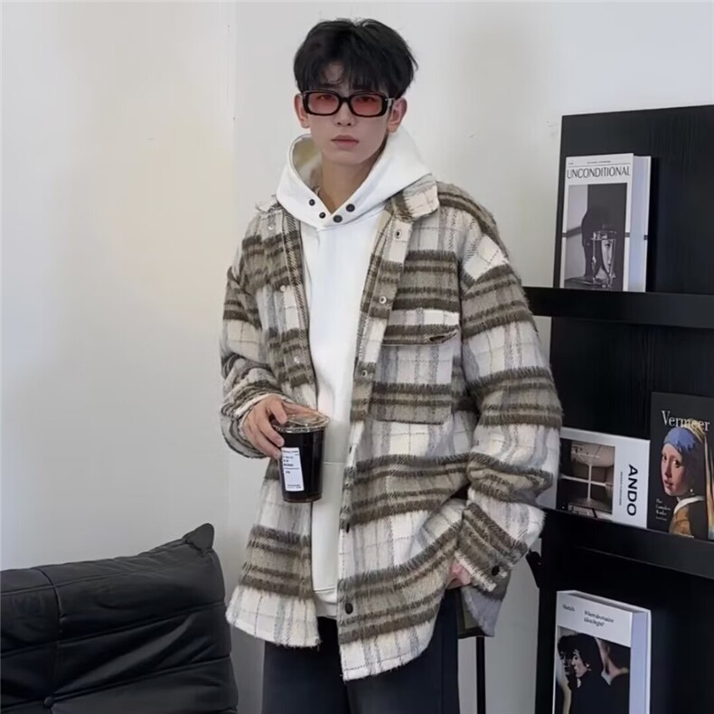 429-P65日系小香风毛呢格子外套男士秋季复古翻领呢子保暖,男装棉衣,电商B323A