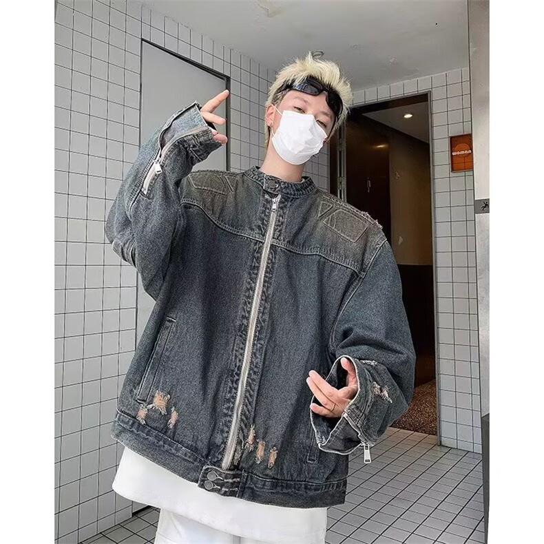 春秋日系刺绣水洗牛仔外套男BF风宽松立领工装上衣服夹克JKS114，男装工装外套，星座516A