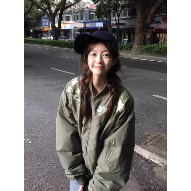 冬季加厚美式覆古花卉刺绣飞行员夹克棉服男女潮牌棒球领棉衣外套图片