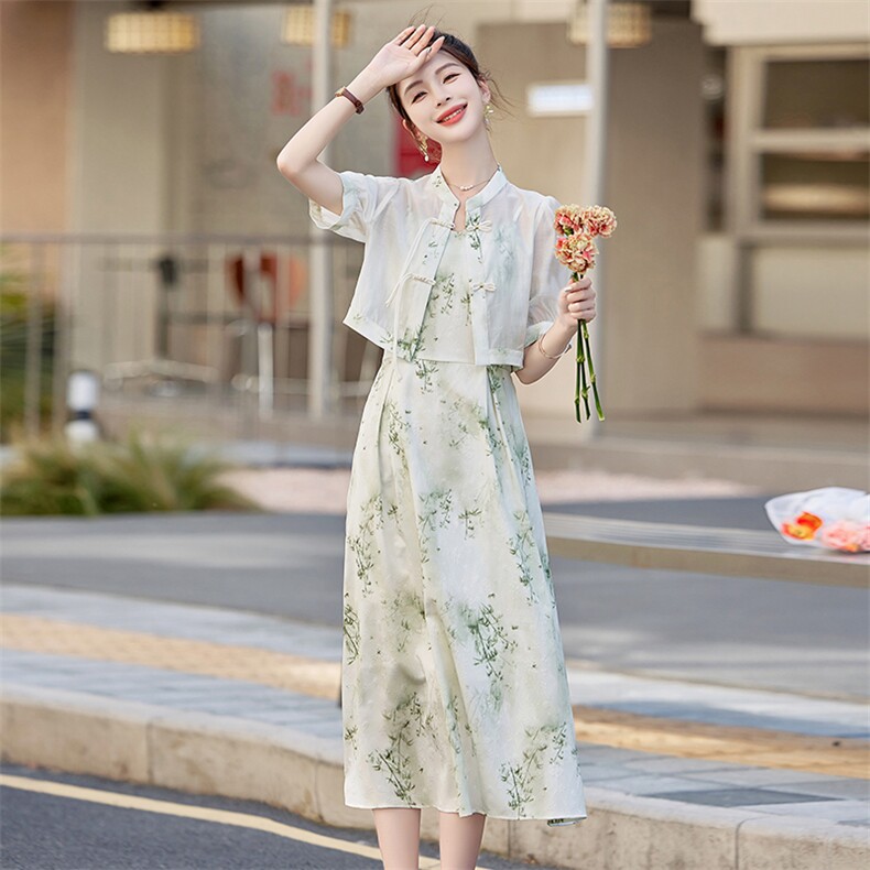 新中式印花吊带连衣裙女夏季新款优雅气质盘扣上衣,女装连衣裙,微微衣阁