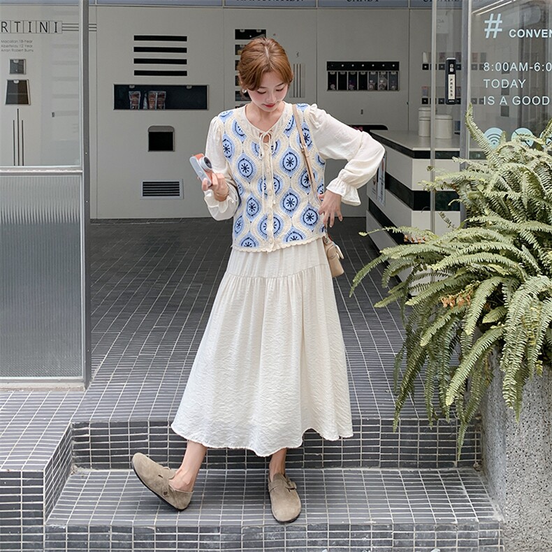 蓝色蕾丝针织马甲连衣裙两件套女春秋2025新款绝美流行超火两件套,女装套装/套裙,2C010