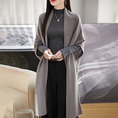 开衫女中长款V领秋冬慵懒软糯休闲宽松保暖羊毛针织衫，女装羊毛衫，朝思羊绒