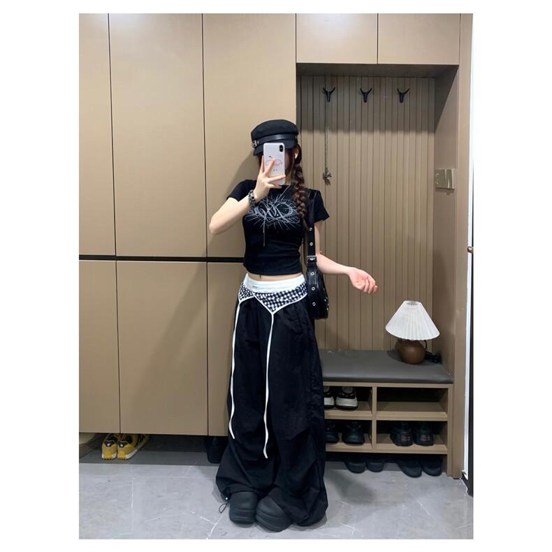 美式复古叠穿阔腿伞兵裤女2025夏季新款格子百搭设计感褶皱休闲裤,女装休闲裤,星座1210-1