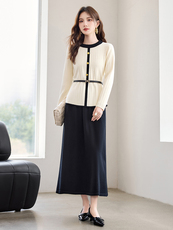 现货！秋季新款休闲简约百搭立体条纹撞色款圆领洋气两件套裙女，女装套装/套裙，宝儿家