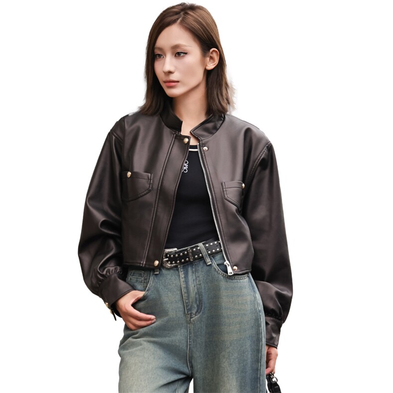 现货仿绵羊皮皮衣女短款时尚外套小立领机车款2024春秋新款潮显高,女装皮衣,潮流依族