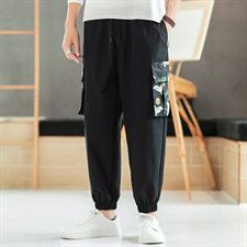 2021春秋季新款男装风宽松仙鹤印花休闲裤黑色，男装休闲裤，电商B277(原6028)
