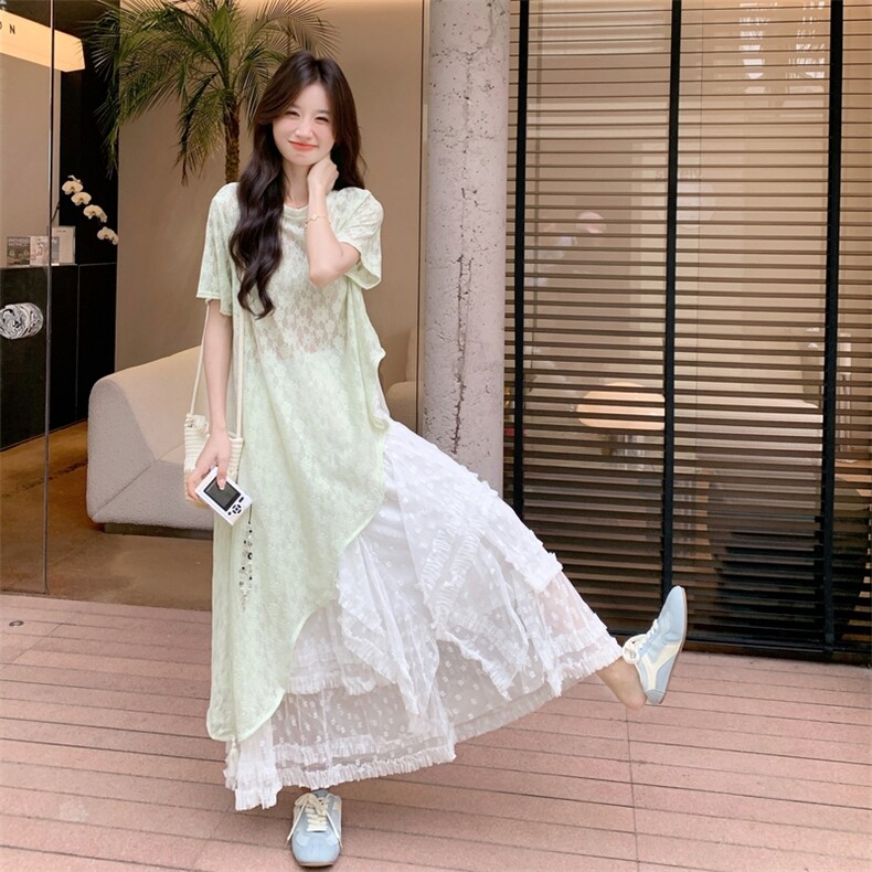 时尚套装气质显瘦短袖夏季长款白色收腰复古连衣裙蕾丝碎花法式,女装套装/套裙,2C093