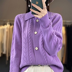 翻领绞花100%纯羊毛开衫女加厚针织毛衣外套宽松慵懒风羊绒衫外搭，女装羊毛衫，佑昭祥羊绒