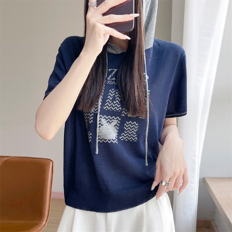 夏季新款天丝苎麻拼色字母帽衫女宽松百搭显瘦时尚休闲上衣,针织衫/毛衣,暖娇绒