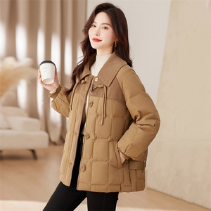 时尚牛角扣呢料拼接羽绒服中长款百搭冬装女装图片