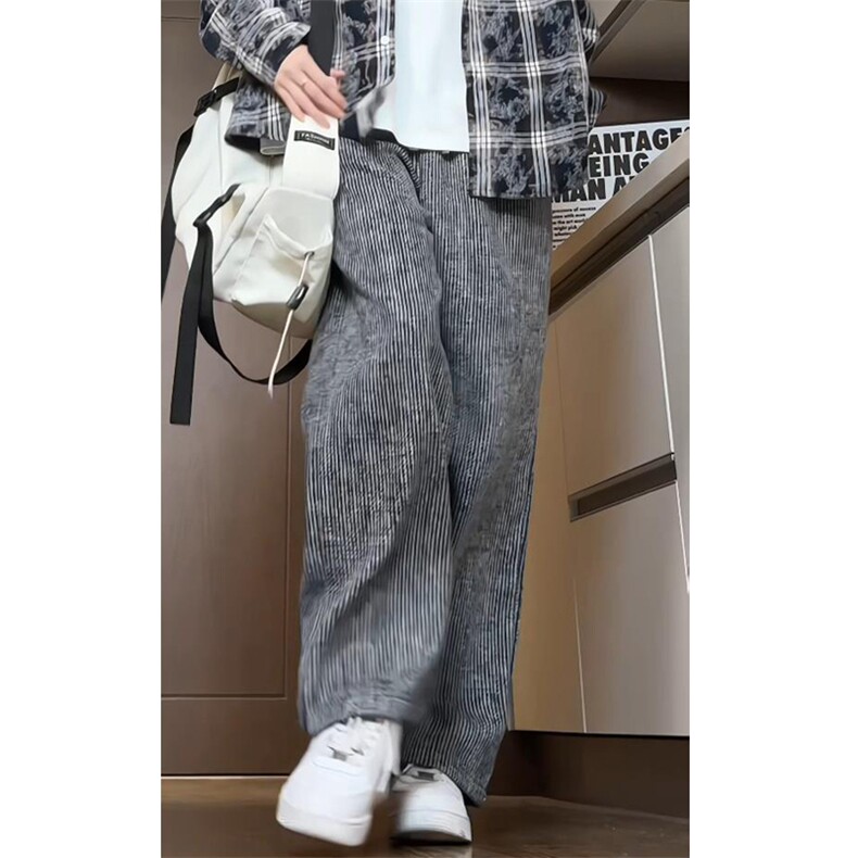 2025秋冬新款毛呢料条纹宽松直筒大码休闲裤A017K790P50,男装休闲裤,电商A017